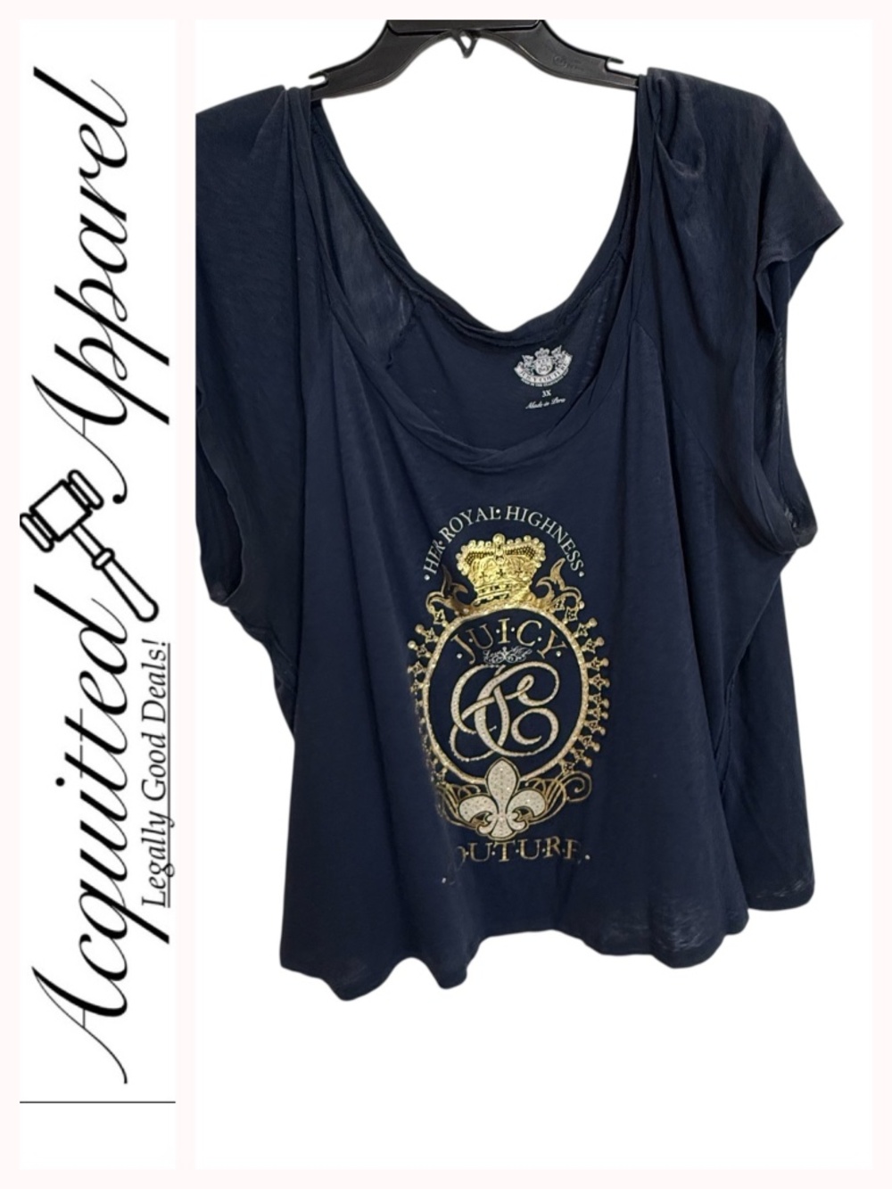 Juicy Couture Navy Off The Shoulder Tee Gold Rivets Rhinestone Metallic Crest